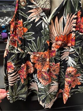 Black Tropical Floral V-Neck Swim Top with Orange Blossoms